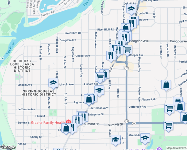 map of restaurants, bars, coffee shops, grocery stores, and more near 834 Bellevue Avenue in Elgin