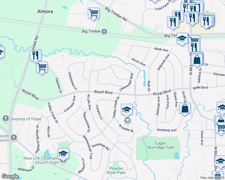 map of restaurants, bars, coffee shops, grocery stores, and more near 2010 Royal Boulevard in Elgin