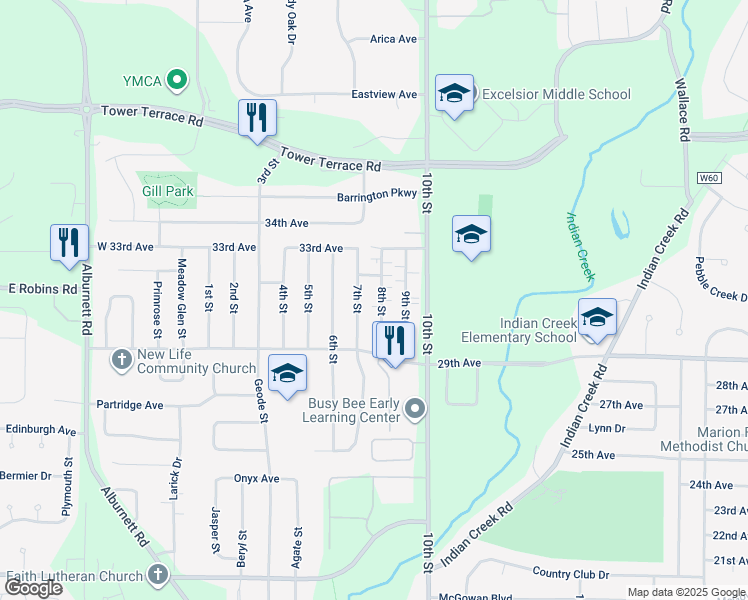 map of restaurants, bars, coffee shops, grocery stores, and more near 3115 7th Street in Marion