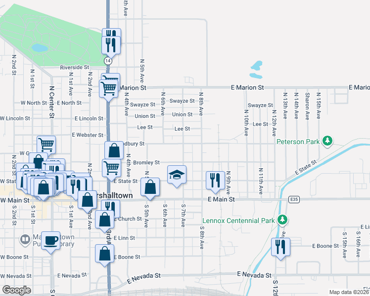 map of restaurants, bars, coffee shops, grocery stores, and more near 701-799 Woodbury St in Marshalltown