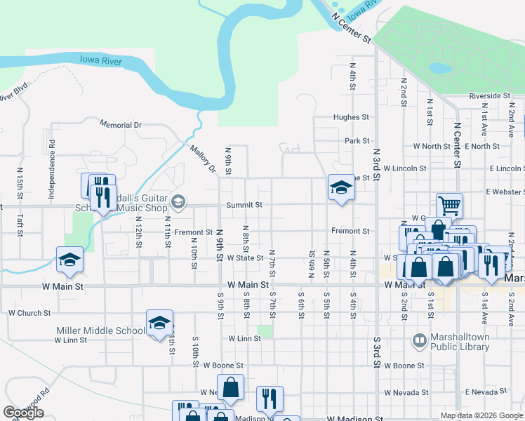 map of restaurants, bars, coffee shops, grocery stores, and more near 700-798 Summit Street in Marshalltown