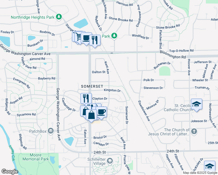 map of restaurants, bars, coffee shops, grocery stores, and more near 2431 Kingston Drive in Ames