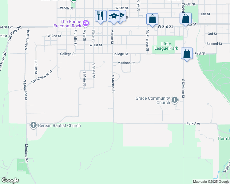 map of restaurants, bars, coffee shops, grocery stores, and more near 445 South Marion Street in Boone