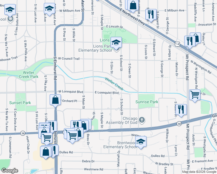 map of restaurants, bars, coffee shops, grocery stores, and more near 301 East Hiawatha Trail in Mount Prospect