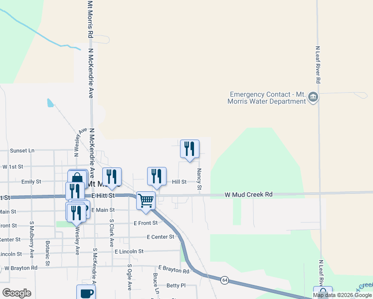 map of restaurants, bars, coffee shops, grocery stores, and more near 621 Cranbrook Lane in Mount Morris
