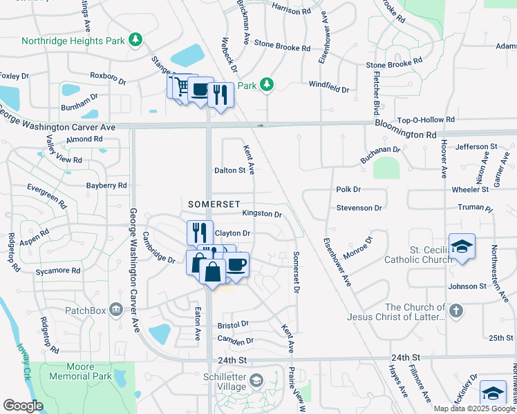 map of restaurants, bars, coffee shops, grocery stores, and more near 2431 Kingston Drive in Ames