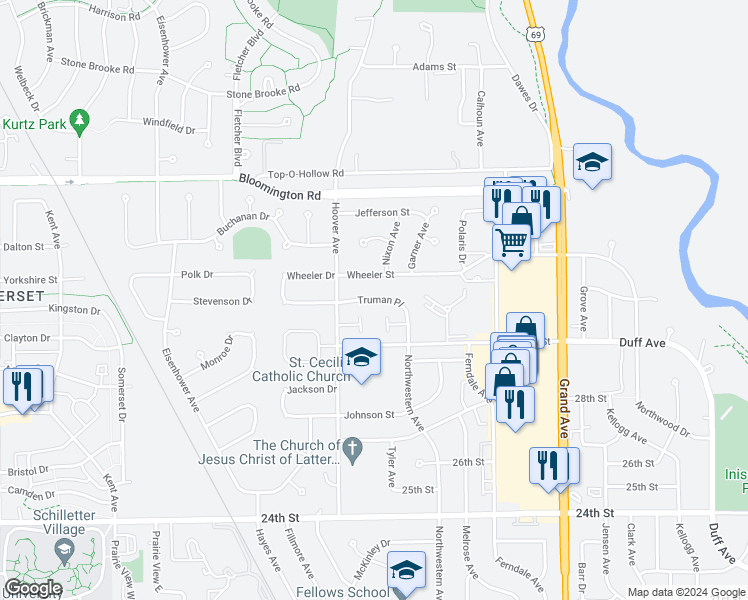 map of restaurants, bars, coffee shops, grocery stores, and more near 1244 Truman Place in Ames