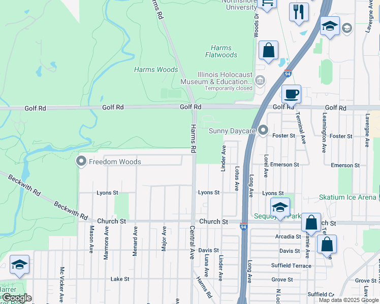 map of restaurants, bars, coffee shops, grocery stores, and more near 5604 Capri Lane in Morton Grove