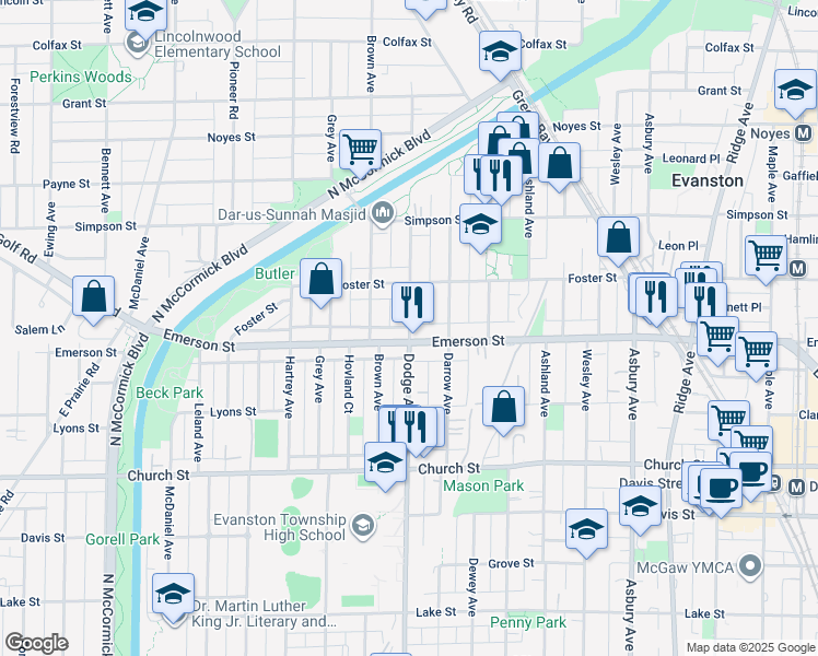 map of restaurants, bars, coffee shops, grocery stores, and more near 1900 Dodge Avenue in Evanston