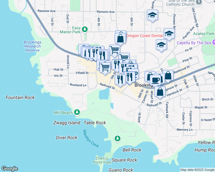 map of restaurants, bars, coffee shops, grocery stores, and more near 840 Railroad Street in Brookings