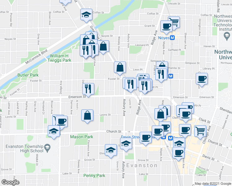 map of restaurants, bars, coffee shops, grocery stores, and more near 1323 Emerson Street in Evanston