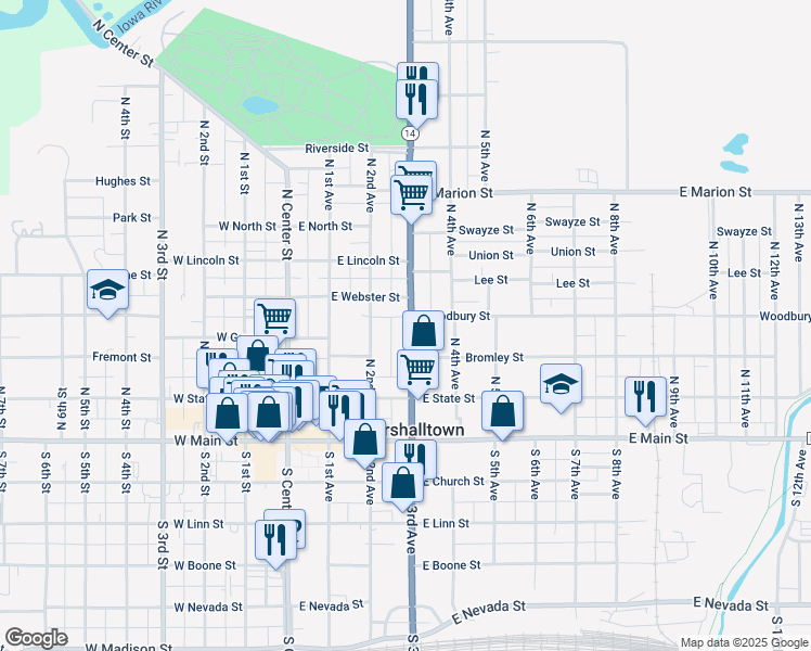 map of restaurants, bars, coffee shops, grocery stores, and more near 210 North 3rd Avenue in Marshalltown