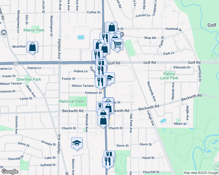 map of restaurants, bars, coffee shops, grocery stores, and more near 9401 Waukegan Road in Morton Grove