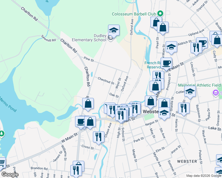 map of restaurants, bars, coffee shops, grocery stores, and more near 14 Green Street in Dudley