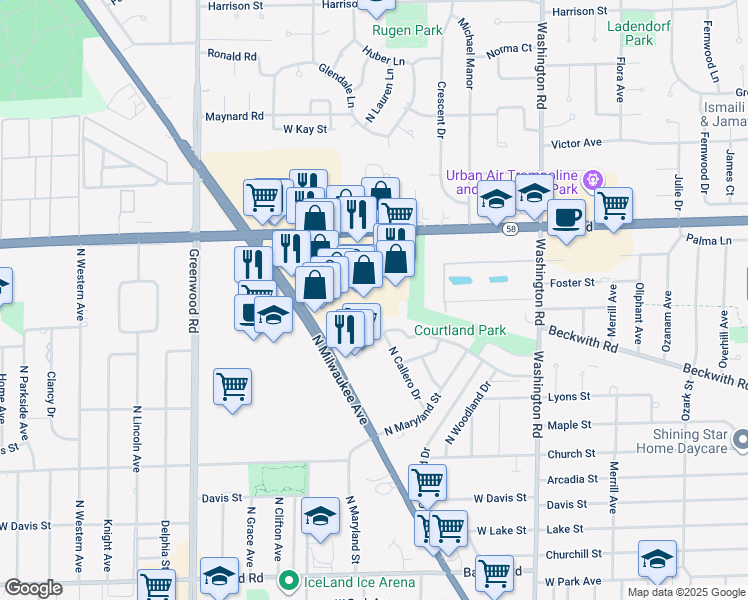 map of restaurants, bars, coffee shops, grocery stores, and more near 8249 West Golf Road in Niles