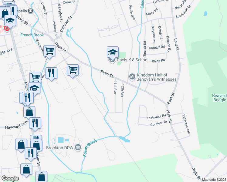 map of restaurants, bars, coffee shops, grocery stores, and more near 31 11th Avenue in Brockton