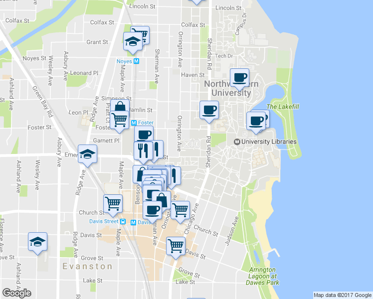 map of restaurants, bars, coffee shops, grocery stores, and more near 1915 Orrington Avenue in Evanston