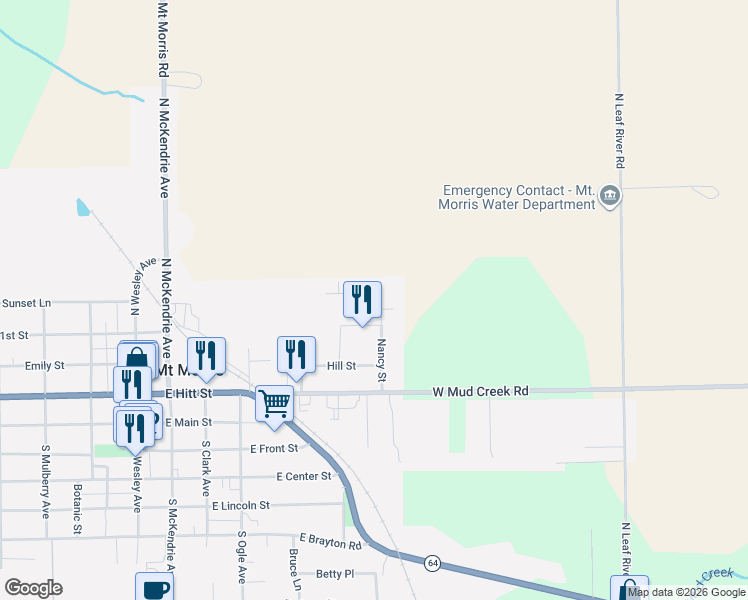 map of restaurants, bars, coffee shops, grocery stores, and more near 621 Cranbrook Lane in Mount Morris