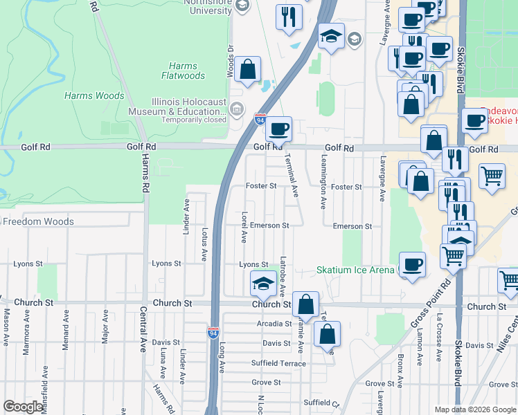 map of restaurants, bars, coffee shops, grocery stores, and more near 9424 Lockwood Avenue in Skokie