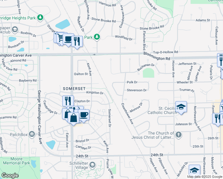 map of restaurants, bars, coffee shops, grocery stores, and more near 2138 Stevenson Drive in Ames