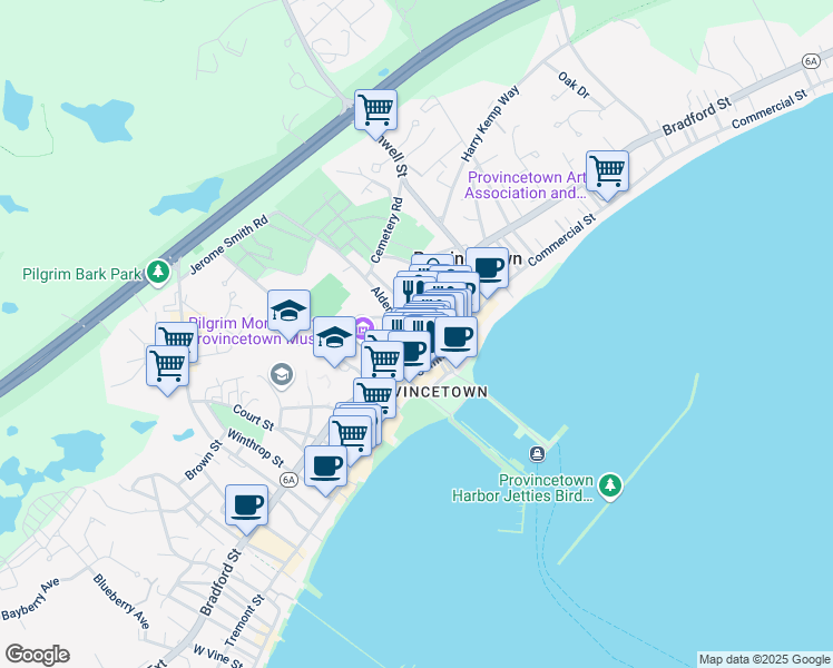 map of restaurants, bars, coffee shops, grocery stores, and more near 133 Bradford Street in Provincetown