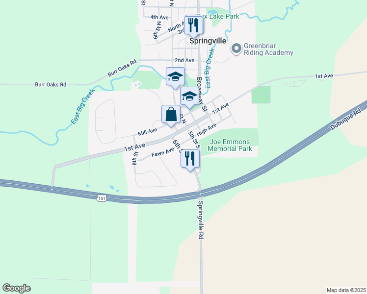 map of restaurants, bars, coffee shops, grocery stores, and more near 507 High Avenue in Springville