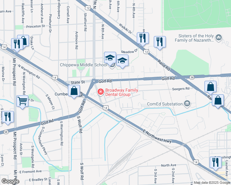 map of restaurants, bars, coffee shops, grocery stores, and more near 39 North 7th Avenue in Des Plaines