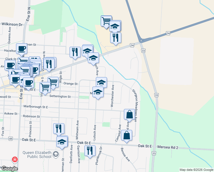map of restaurants, bars, coffee shops, grocery stores, and more near 36 Elizabeth Crescent in Essex County