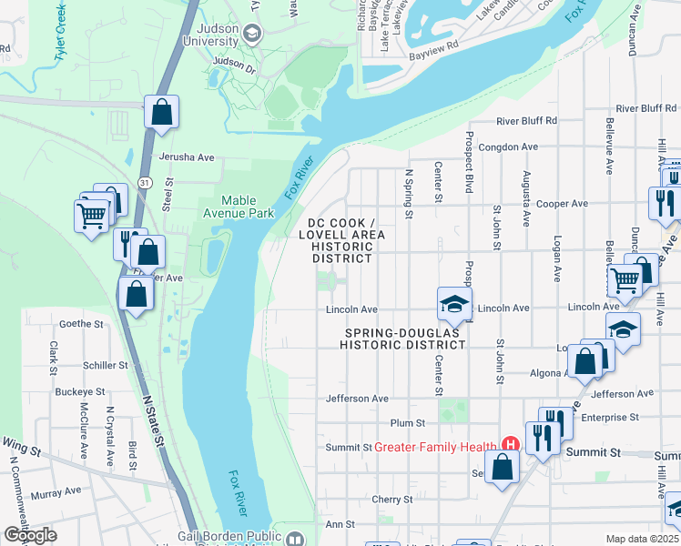 map of restaurants, bars, coffee shops, grocery stores, and more near 838 Brook St in Elgin