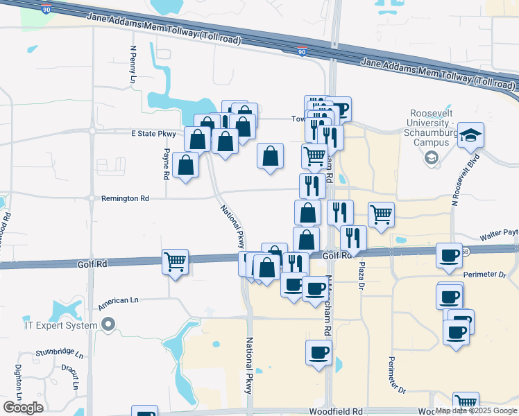 map of restaurants, bars, coffee shops, grocery stores, and more near 1207 Remington Road in Schaumburg