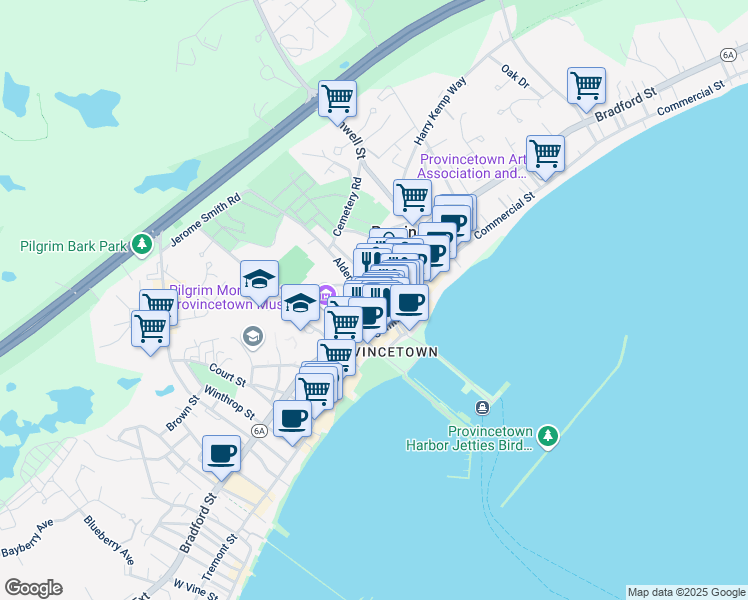 map of restaurants, bars, coffee shops, grocery stores, and more near 133 Bradford Street in Provincetown