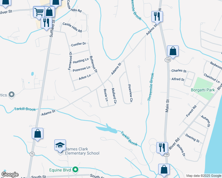 map of restaurants, bars, coffee shops, grocery stores, and more near 151 Mallard Circle in Agawam