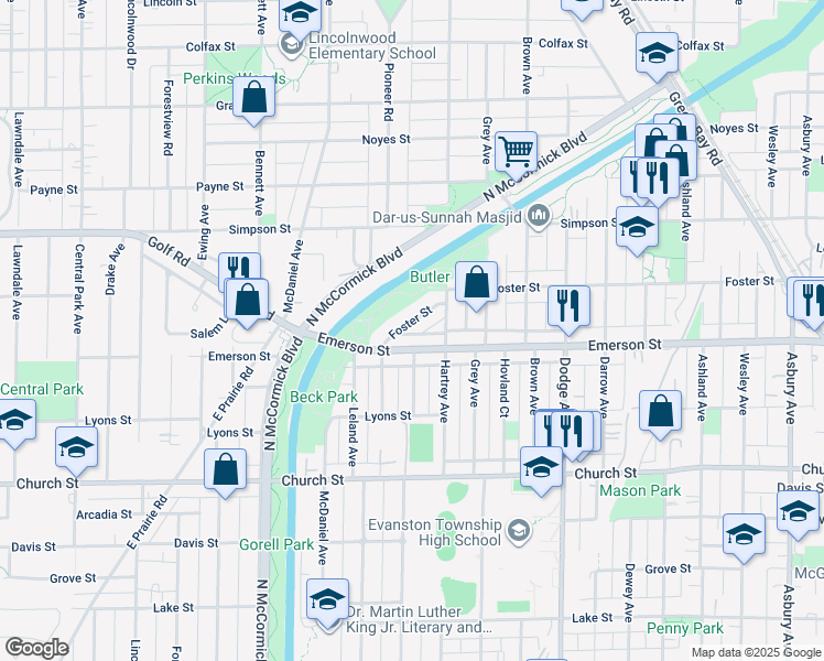 map of restaurants, bars, coffee shops, grocery stores, and more near 2306 Foster Street in Evanston