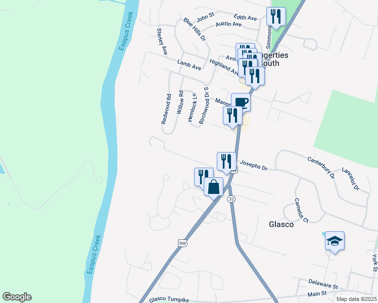 map of restaurants, bars, coffee shops, grocery stores, and more near 136 Barclay Lane in Saugerties