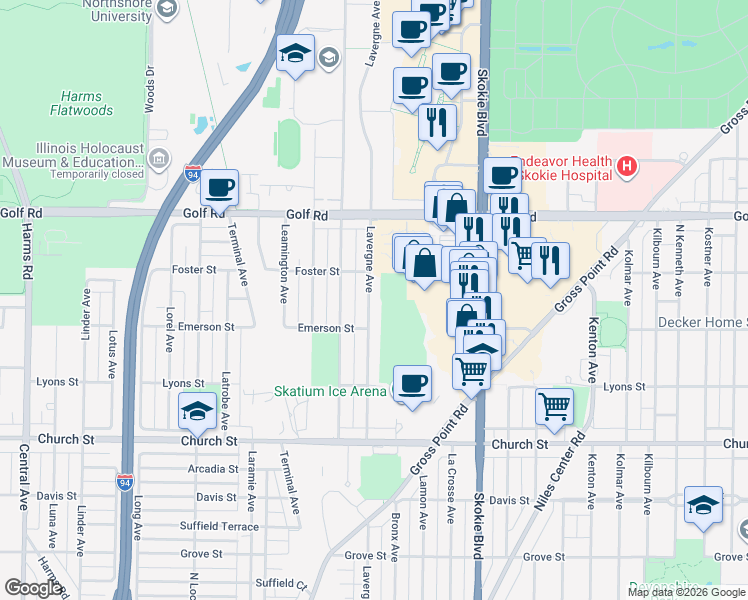 map of restaurants, bars, coffee shops, grocery stores, and more near 9429 Lavergne Avenue in Skokie