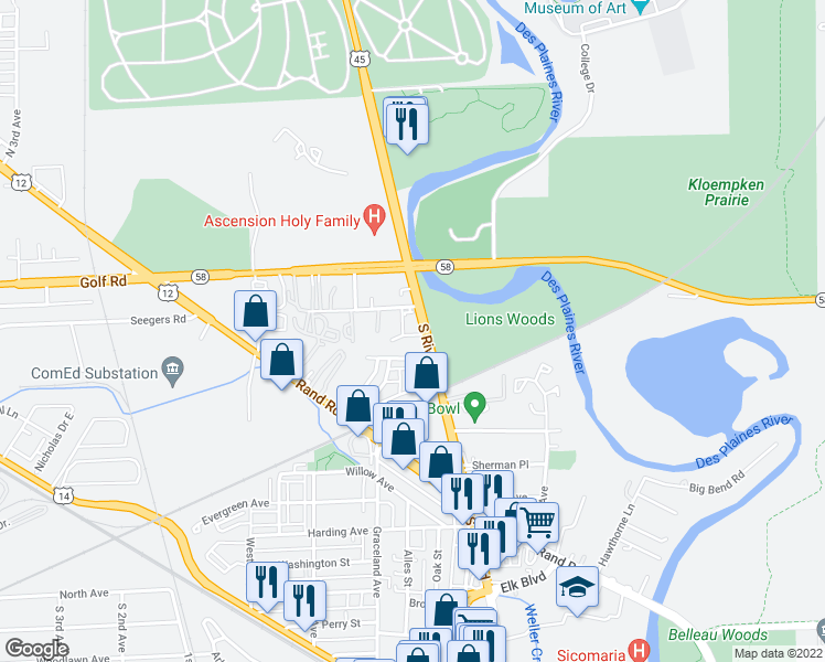 map of restaurants, bars, coffee shops, grocery stores, and more near 24 South River Road in Des Plaines
