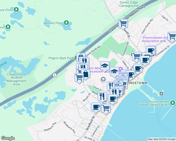 map of restaurants, bars, coffee shops, grocery stores, and more near 24 Captain Bertie's Way in Provincetown