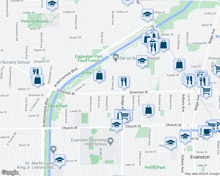 map of restaurants, bars, coffee shops, grocery stores, and more near 1912 Brown Avenue in Evanston
