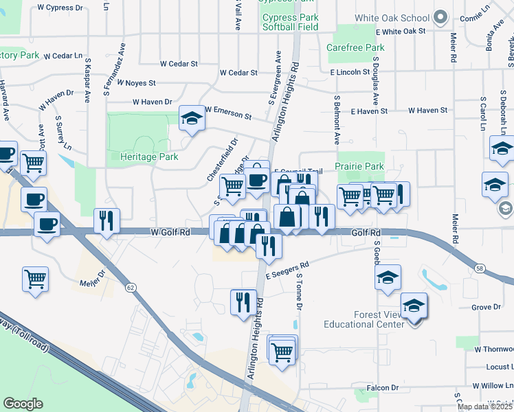 map of restaurants, bars, coffee shops, grocery stores, and more near 1808 South Arlington Heights Road in Arlington Heights