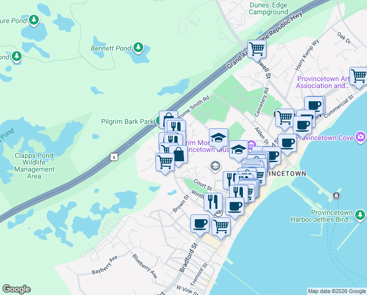 map of restaurants, bars, coffee shops, grocery stores, and more near 24 Captain Bertie's Way in Provincetown