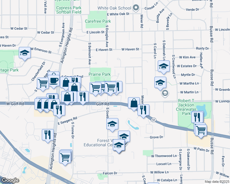 map of restaurants, bars, coffee shops, grocery stores, and more near 700 East Golf Road in Arlington Heights