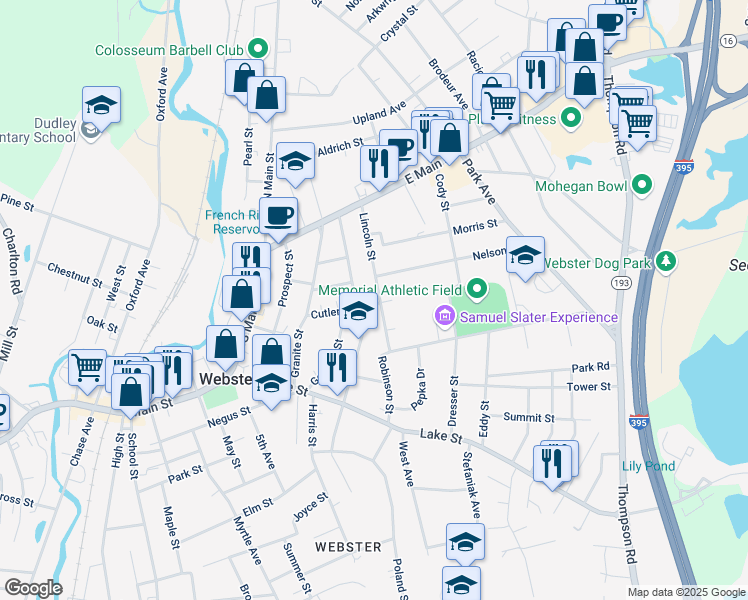 map of restaurants, bars, coffee shops, grocery stores, and more near 40 Lincoln Street in Webster