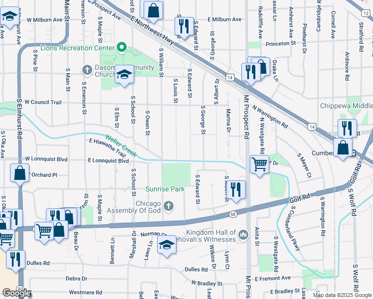 map of restaurants, bars, coffee shops, grocery stores, and more near 713 South Louis Street in Mount Prospect