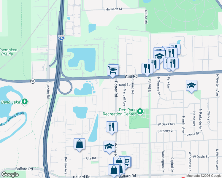 map of restaurants, bars, coffee shops, grocery stores, and more near 9453 Noel Street in Des Plaines