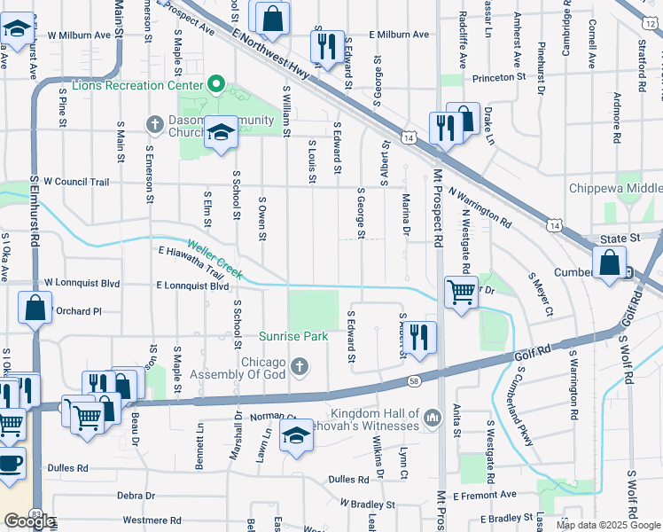 map of restaurants, bars, coffee shops, grocery stores, and more near 713 South Louis Street in Mount Prospect