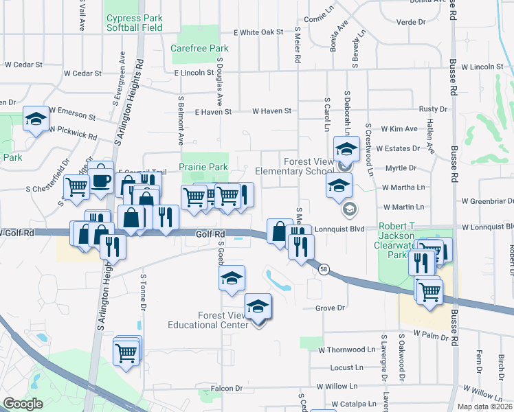 map of restaurants, bars, coffee shops, grocery stores, and more near 709 Noah Terrace in Mount Prospect