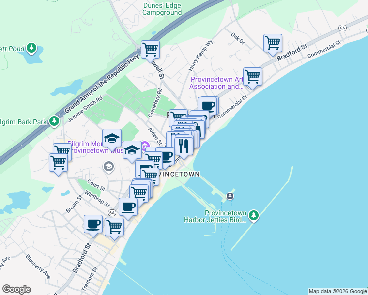 map of restaurants, bars, coffee shops, grocery stores, and more near 330 Commercial Street in Provincetown