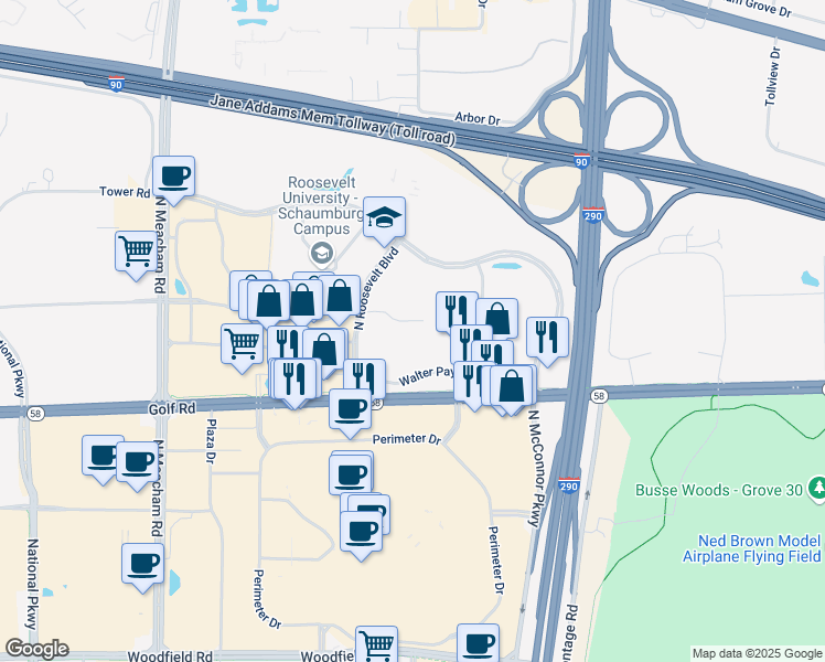 map of restaurants, bars, coffee shops, grocery stores, and more near 1750 East Golf Road in Schaumburg