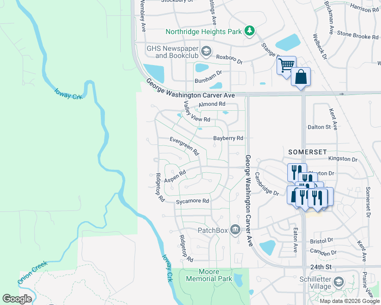 map of restaurants, bars, coffee shops, grocery stores, and more near 3124 Evergreen Road in Ames