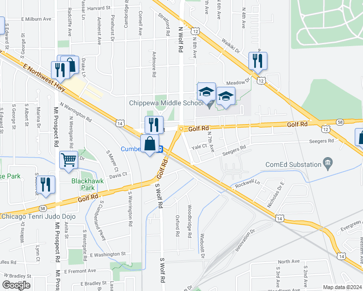 map of restaurants, bars, coffee shops, grocery stores, and more near 76 North Broadway Street in Des Plaines